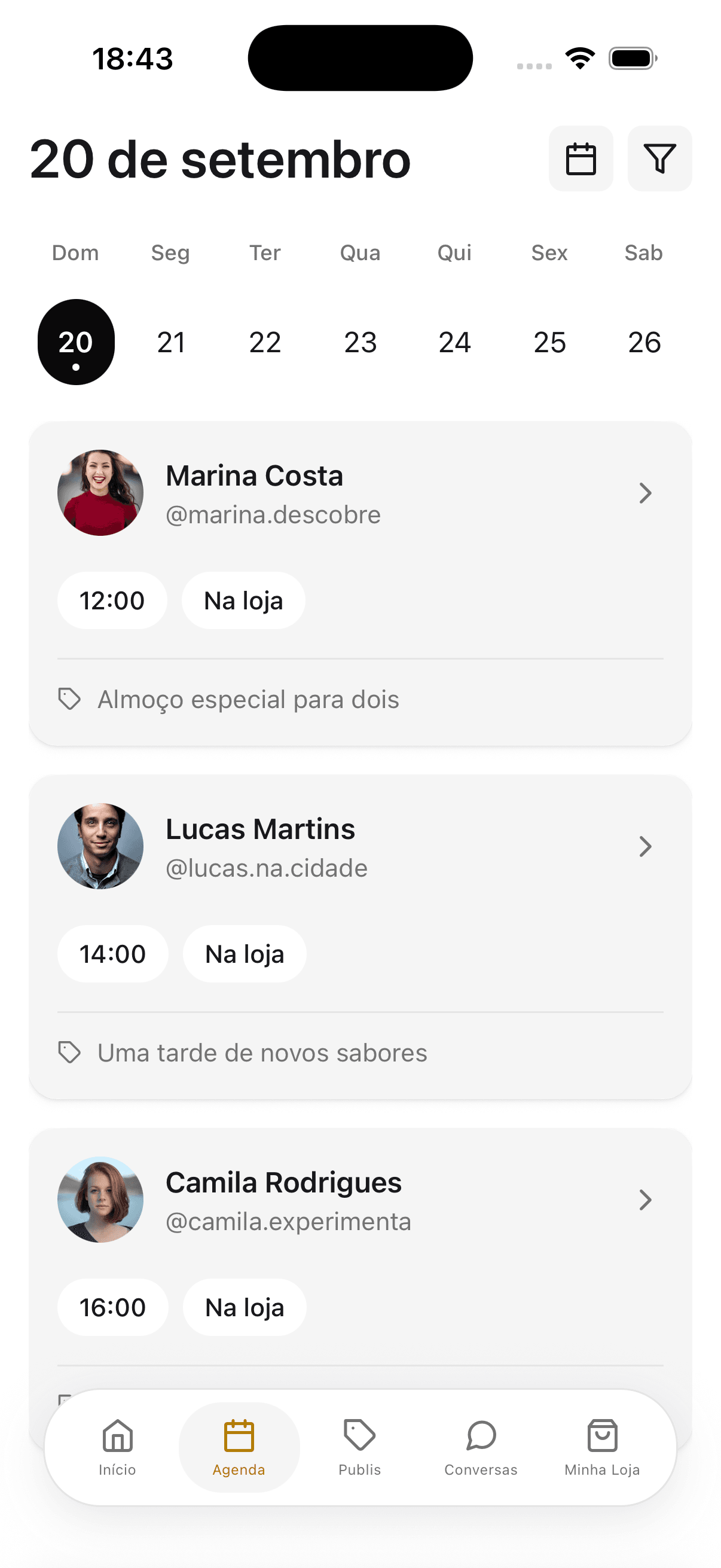 Agenda de visitas dos criadores no aplicativo