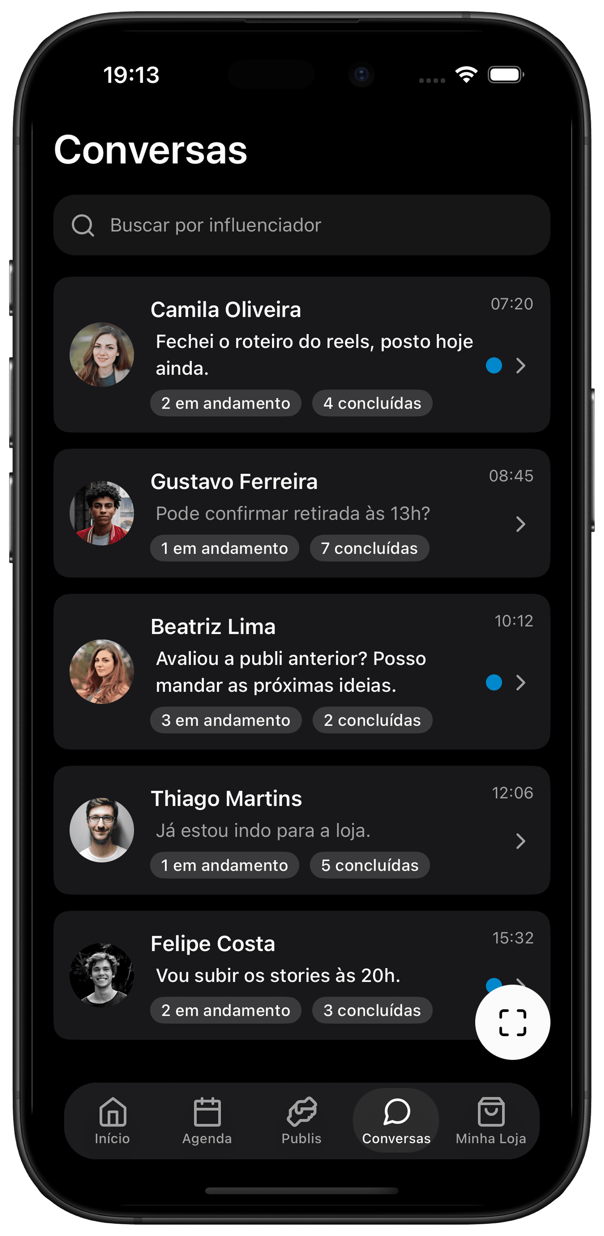 Tela de conversas com criadores