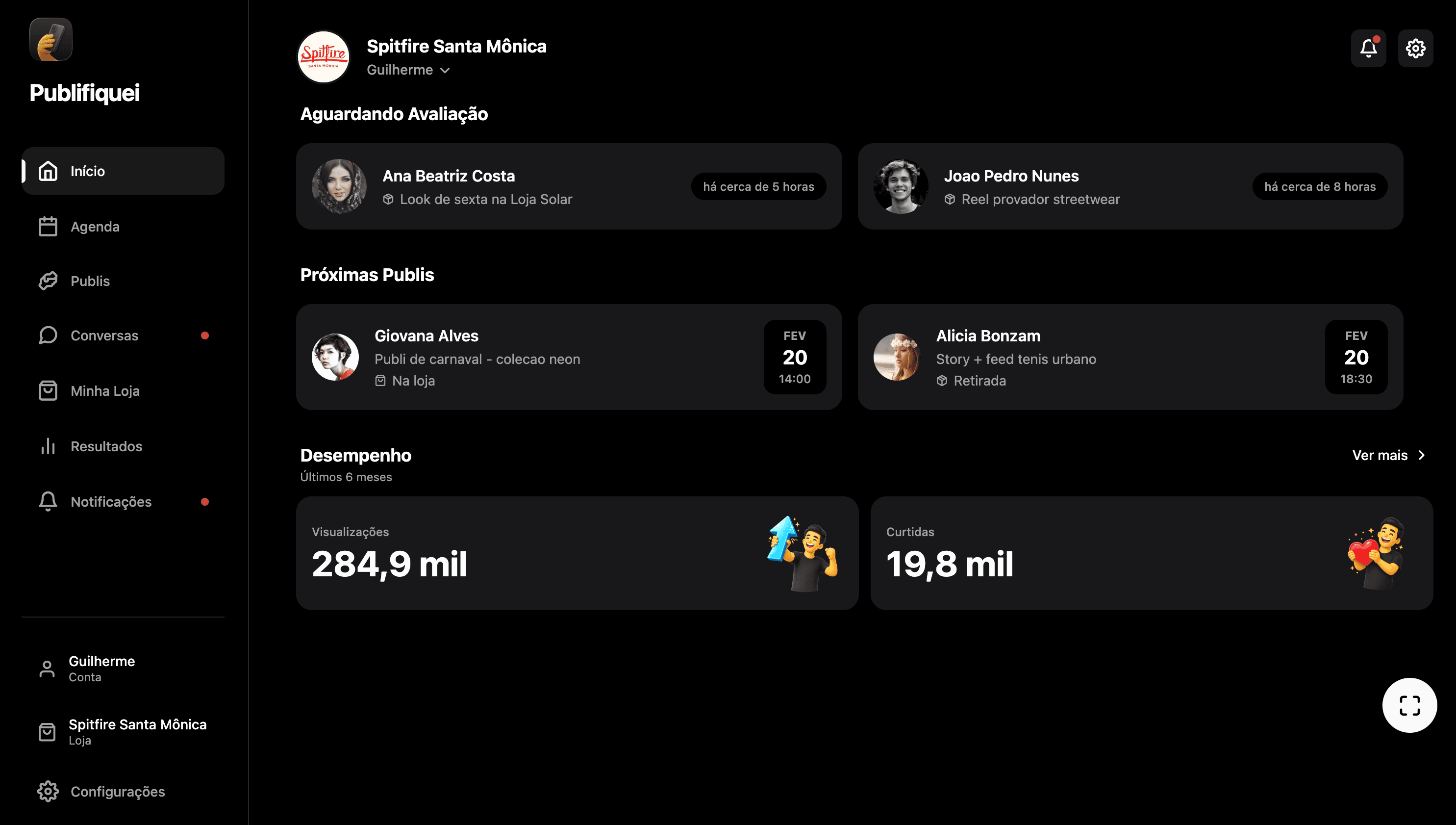 Dashboard principal da plataforma Publifiquei
