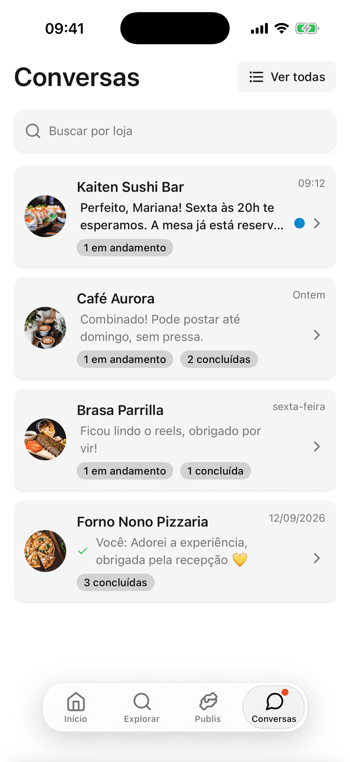 Conversas do app com os lugares das suas Publis