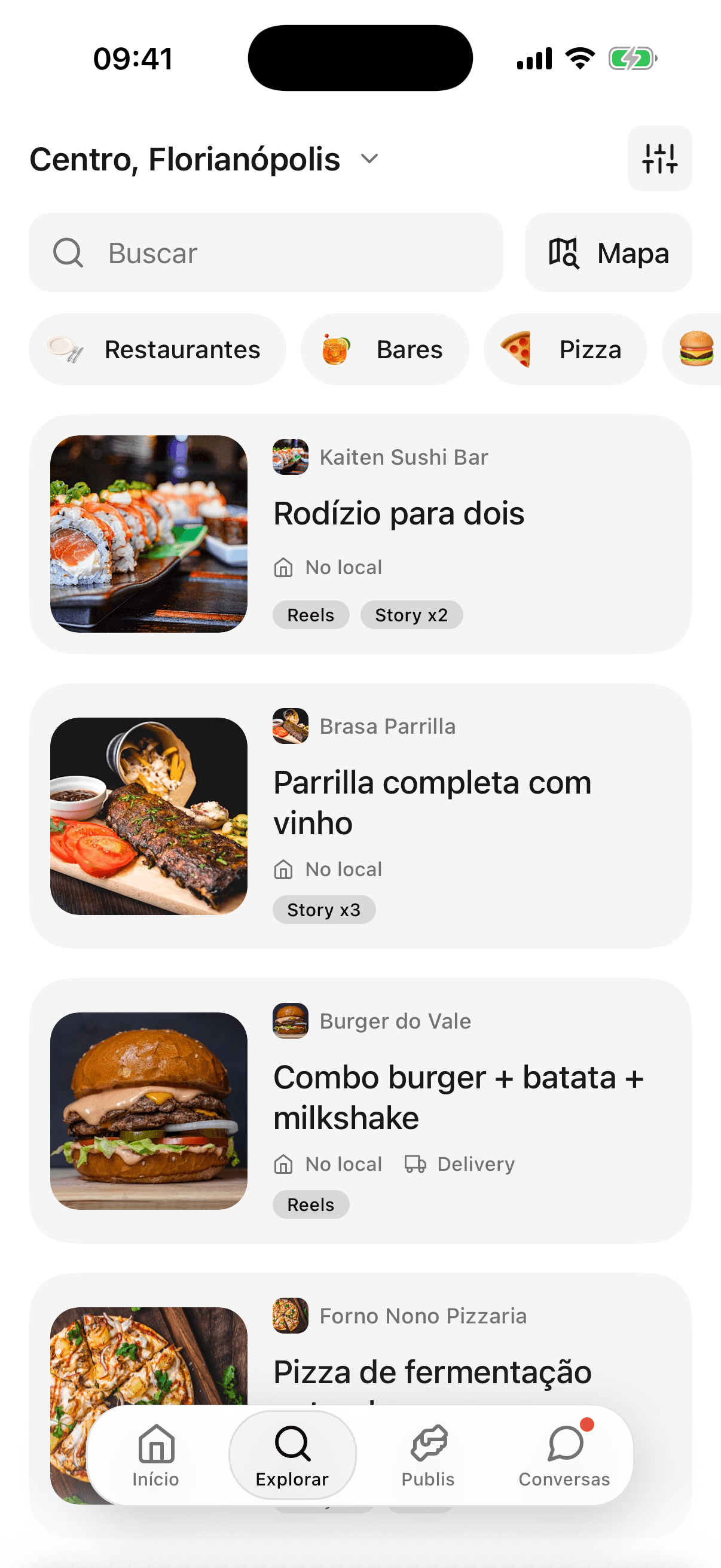 Tela Explorar do app com ofertas de restaurantes perto de você