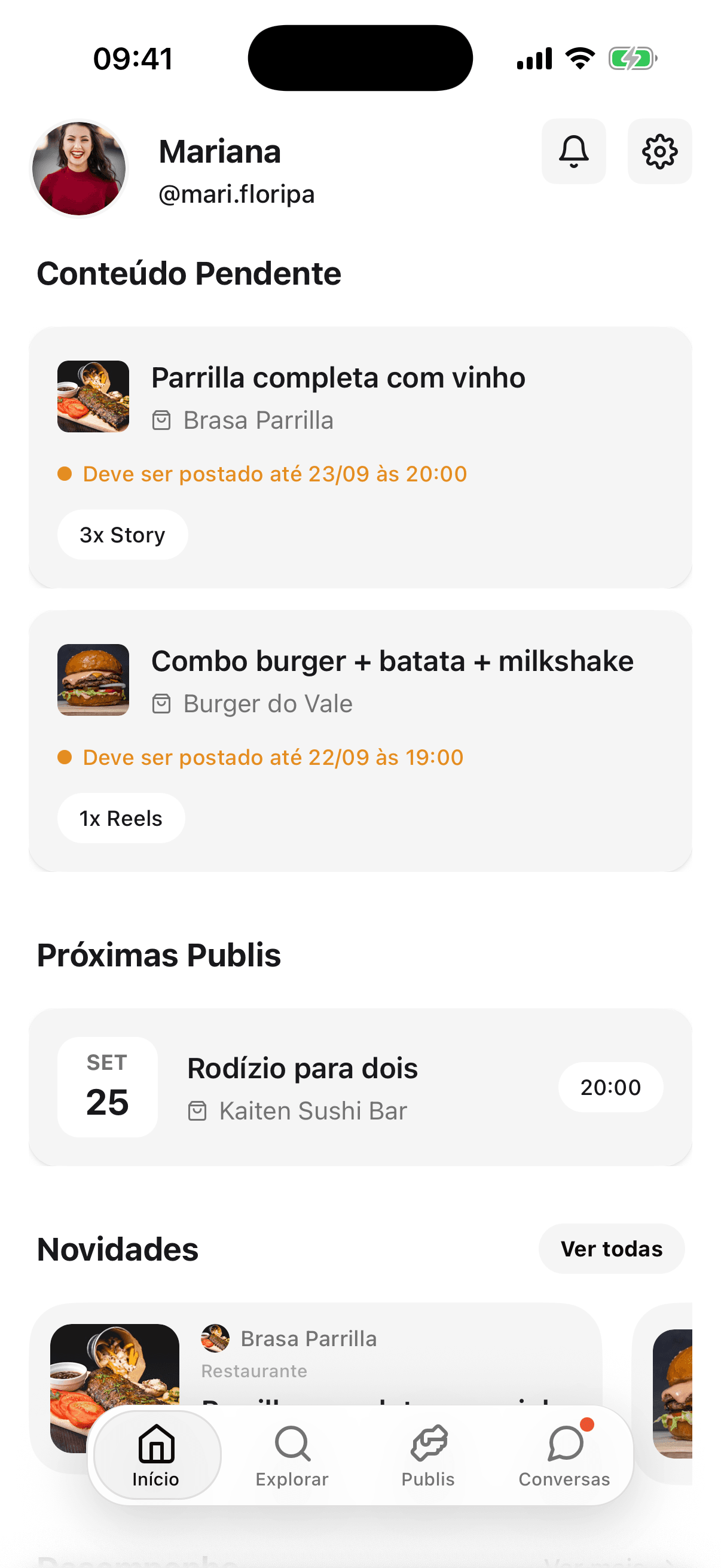 Início do app Publifiquei para criadores com conteúdo pendente, próximas Publis e novidades