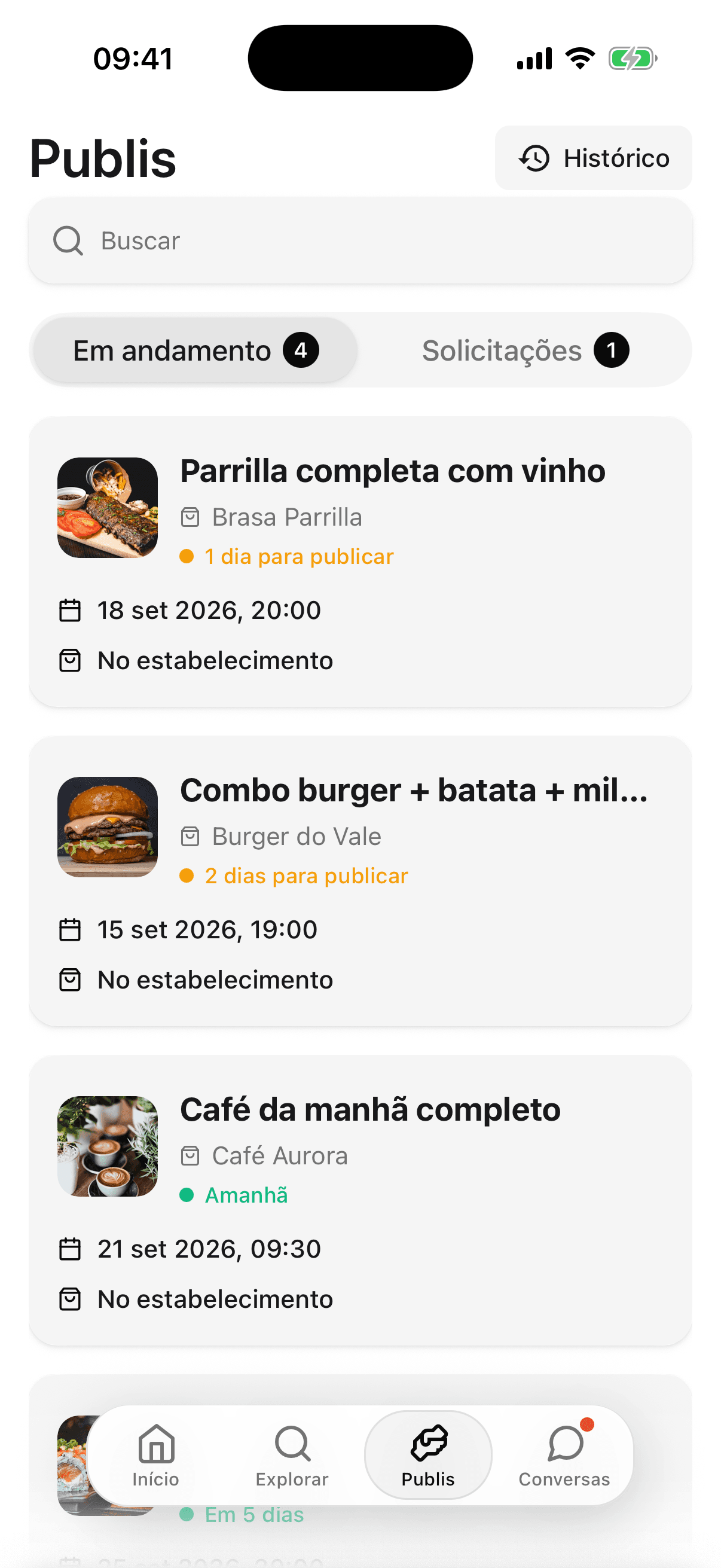 Publis em andamento no app, com visitas marcadas e prazos de postagem